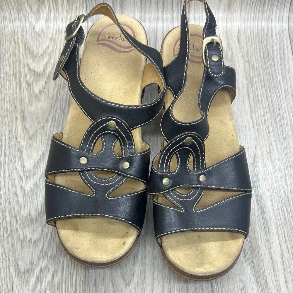 Dansko Black and Tan Wedge Sandals
